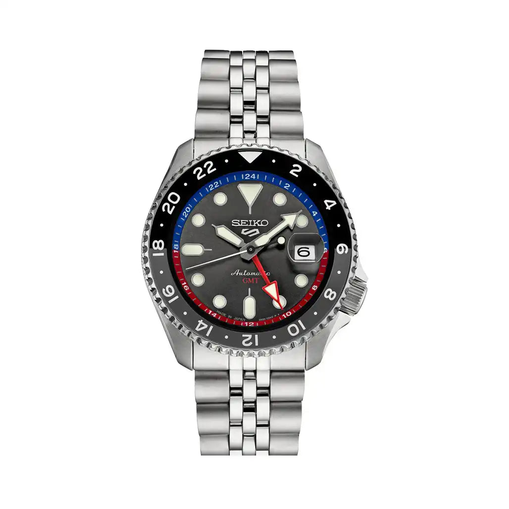 Seiko 5 100M GMT Style U.S. Special Black and Gray Bezel Red and Blue Inner Ring Charcoal Dial Stainless Steel Watch SSK019 J1