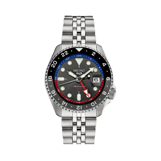 Seiko 5 100M GMT Style U.S. Special Black and Gray Bezel Red and Blue Inner Ring Charcoal Dial Stainless Steel Watch SSK019 J1