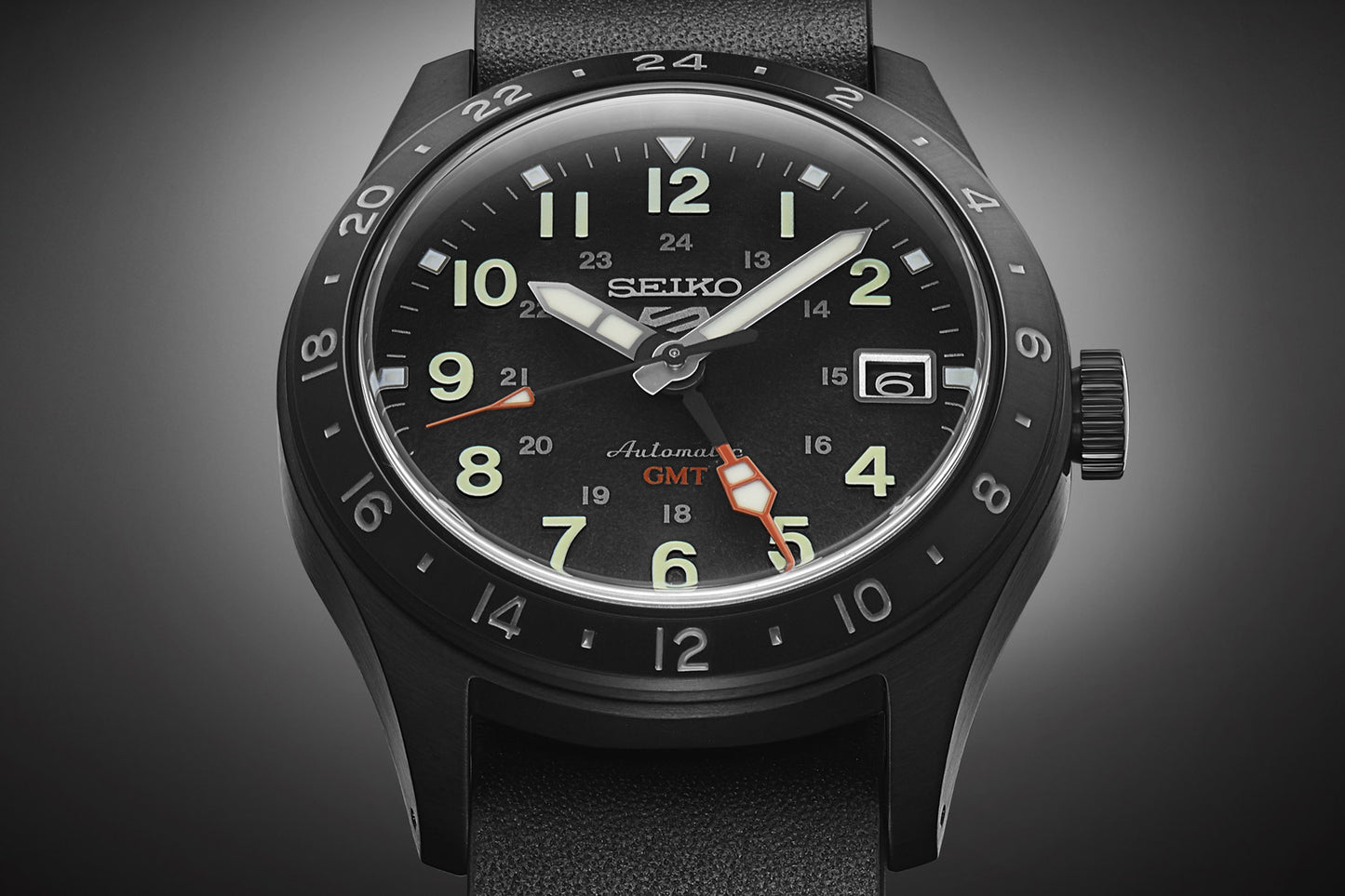 Seiko 5 Sports 100M GMT Style All Black Automatic Leather Strap Watch SSK025K1