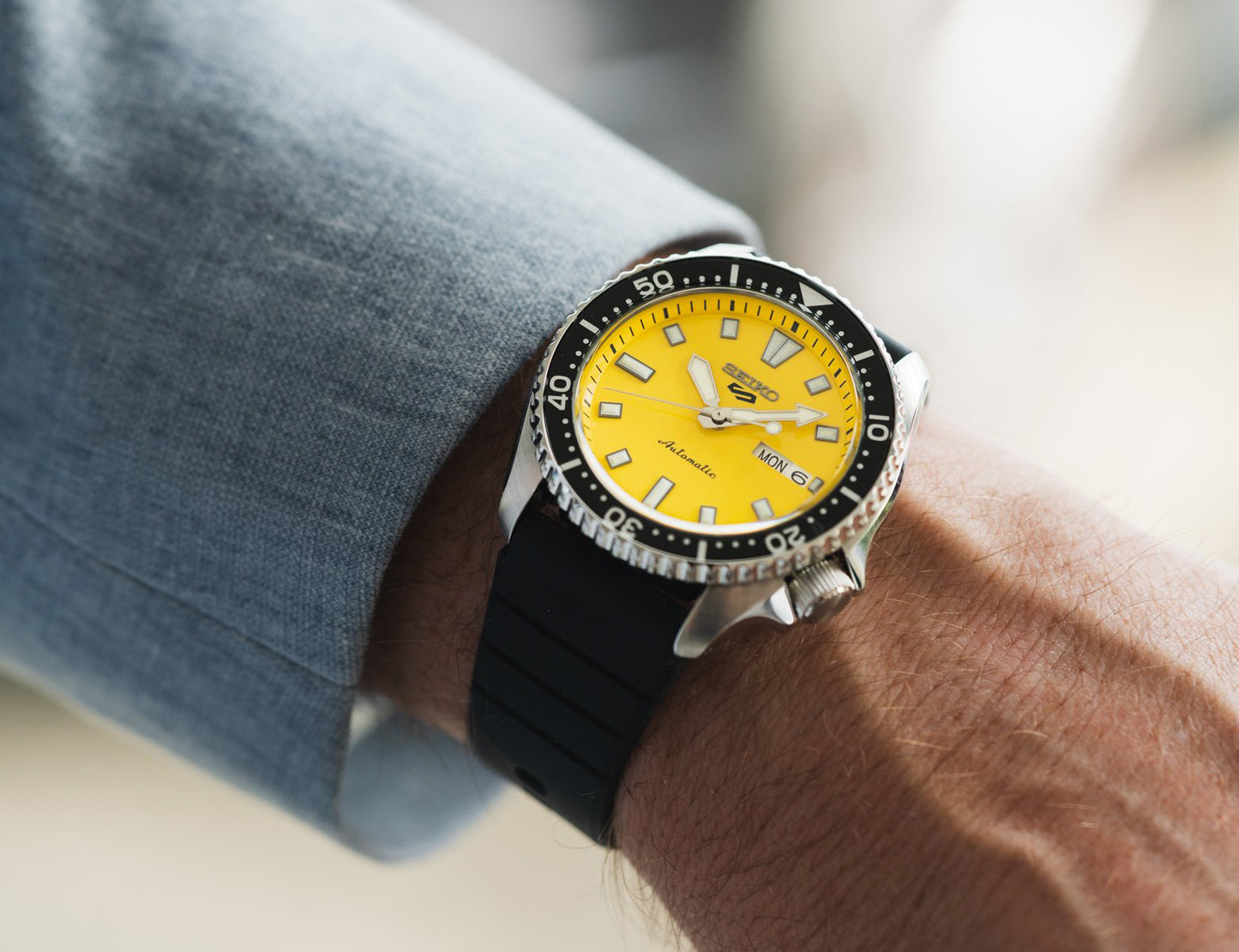 Seiko 5 100M Ki-Iro Yellow Dial Automatic Rubber Strap Watch SRPL87K1