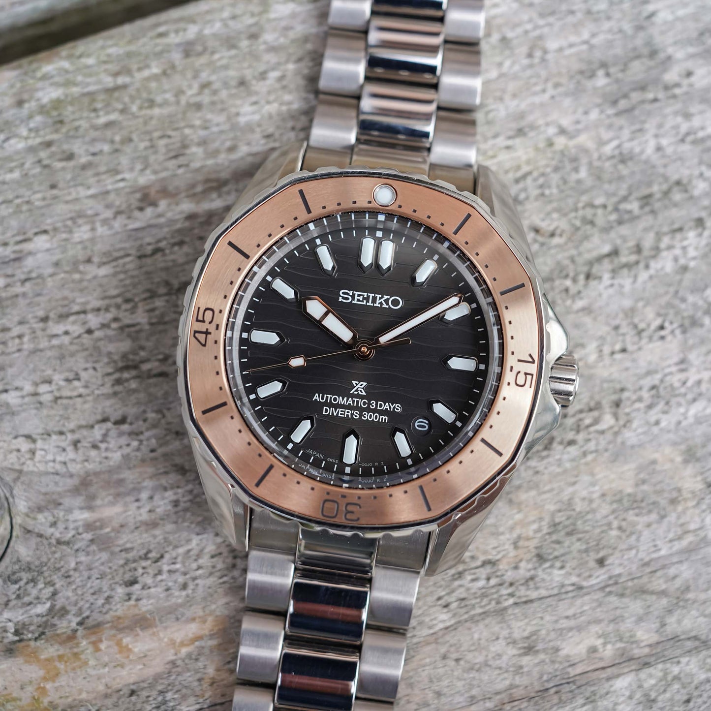 Seiko Prospex 300m Diver's Oddly Octagon Rose Gold Plated Bezel Brown Men's Stainless Steel Watch SPB485J1