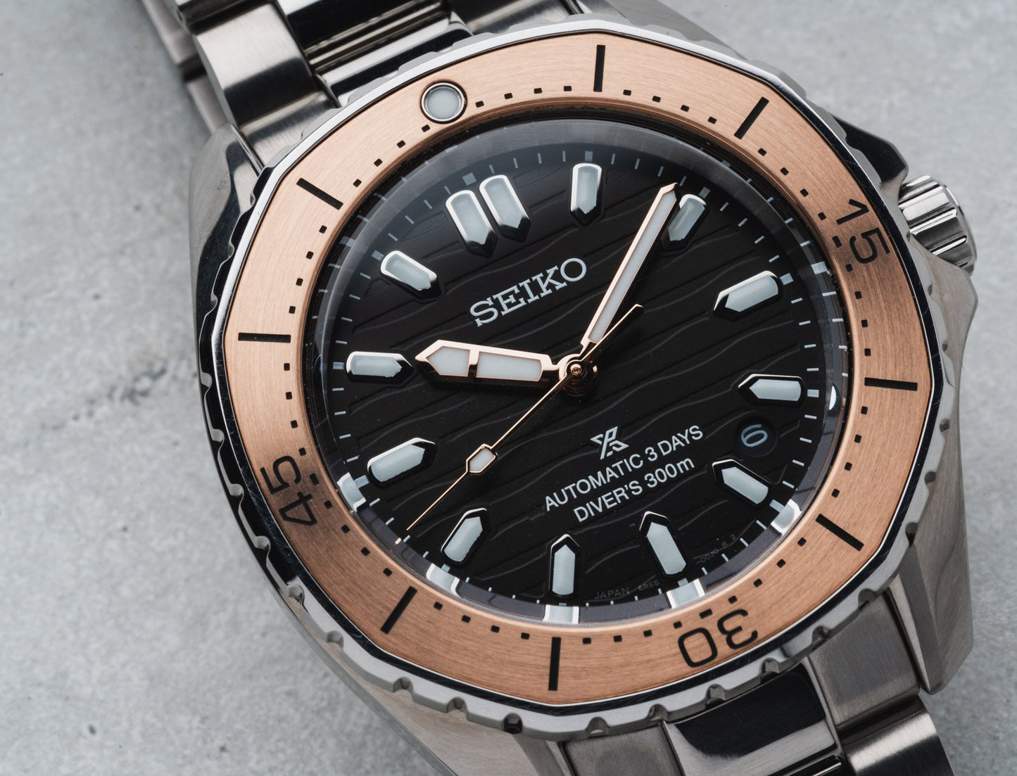 Seiko Prospex 300m Diver's Oddly Octagon Rose Gold Plated Bezel Brown Men's Stainless Steel Watch SPB485J1