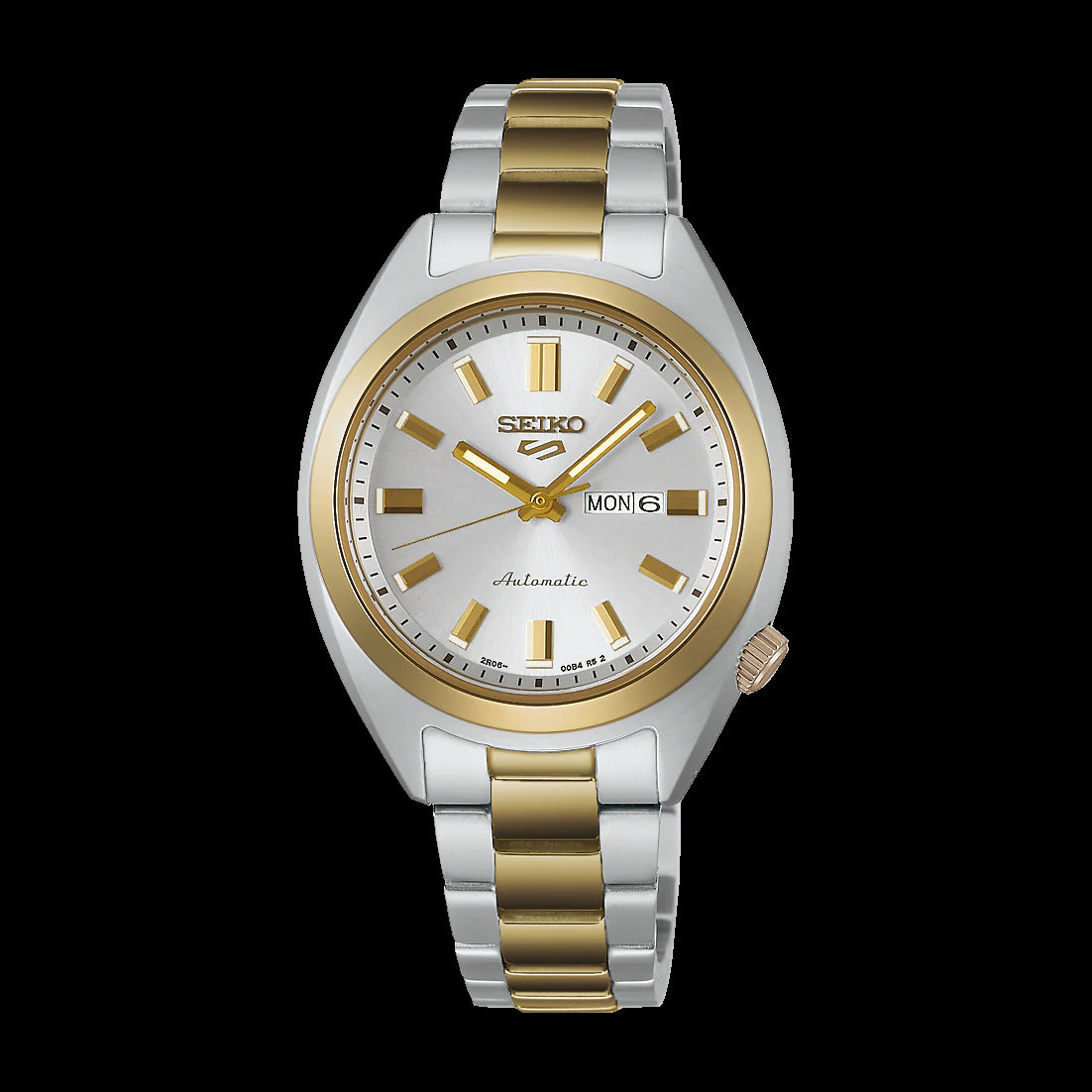 Seiko 5 Sports 100M SNXS Reissue Silver Dial Automatic 2 Tone Gold Plated Stainless Steel Ladies Watch SRE024K1