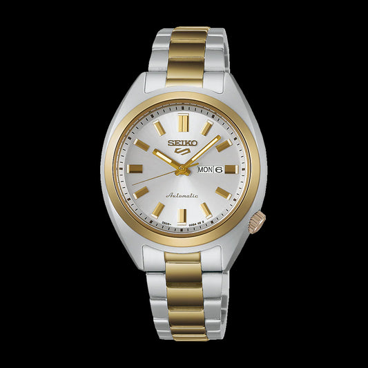 Seiko 5 Sports 100M SNXS Reissue Silver Dial Automatic 2 Tone Gold Plated Stainless Steel Ladies Watch SRE024K1