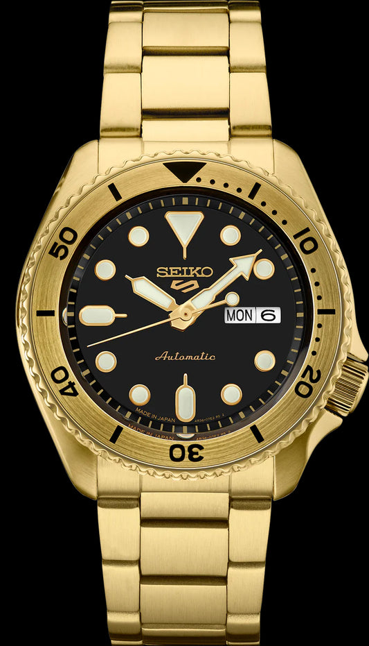 Seiko 5 Sports 100M U.S. Special Gold Plated Bezel Black Dial Watch SRPK18 J1