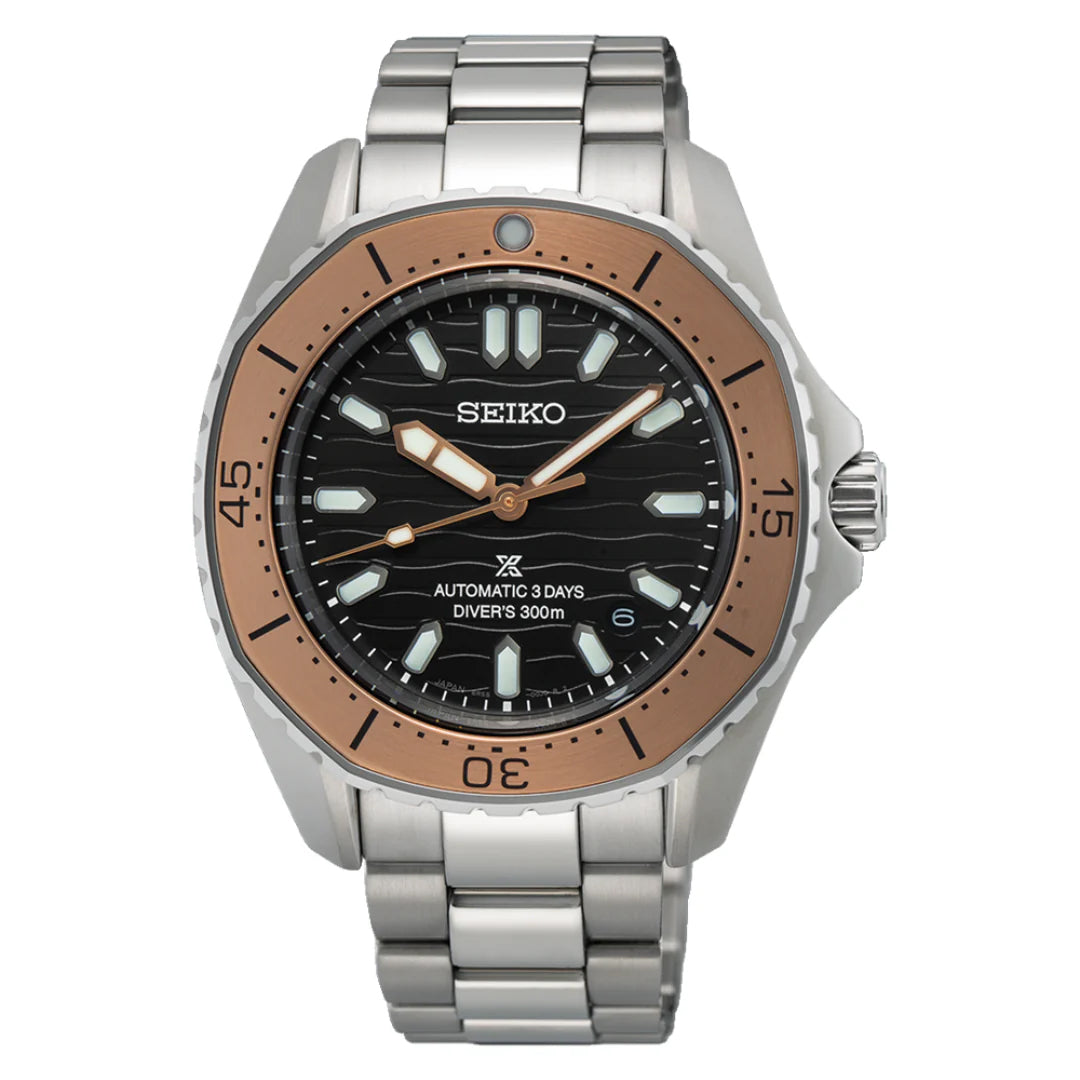 Seiko Prospex 300m Diver's Oddly Octagon Rose Gold Plated Bezel Brown Men's Stainless Steel Watch SPB485J1