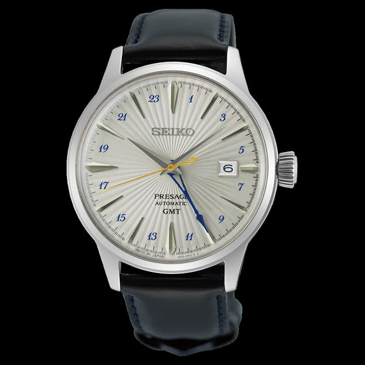 Seiko Japan Made Presage GMT Cocktail Silver Bullet Men's Leather Strap Watch SSK049J1