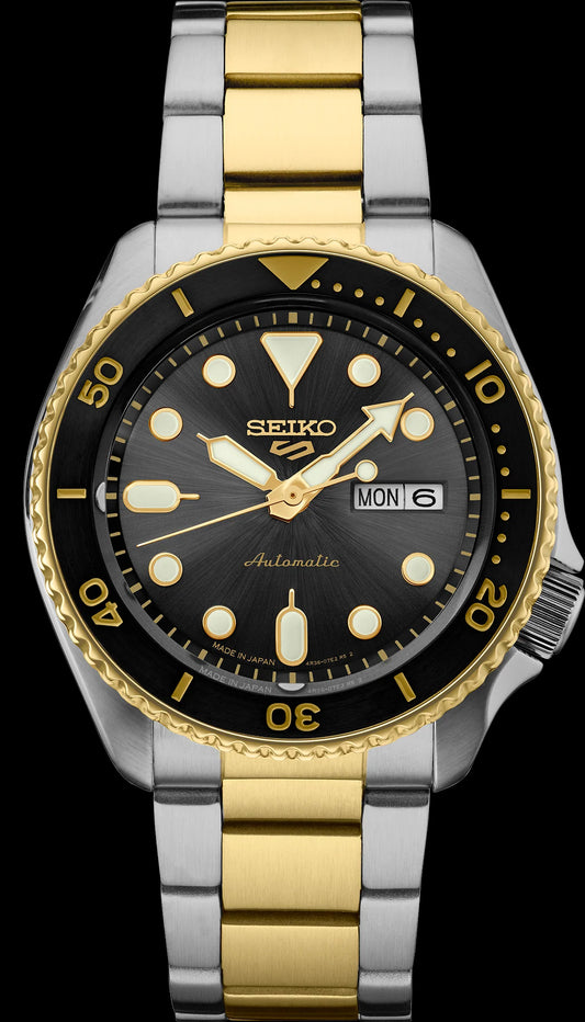 Seiko 5 Sports 100M U.S. Special Black Bezel Charcoal Dial 2-Tone Gold Plated Stainless Steel Watch SRPK22 J1