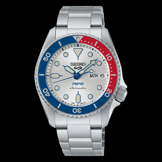 Seiko 5 100M SKX Style Boy Size 38mm Pepsi LE Silver Sunburst Dial Automatic Watch SRPL99K1
