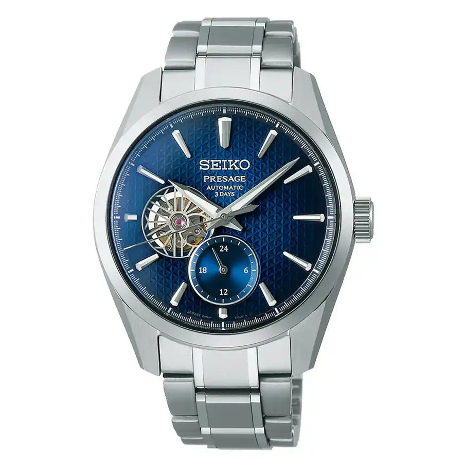 Seiko Japan Made Presage Sharp Edged Series Aitetsu Blue Open Heart Men's Stainless Steel Watch SPB417J1