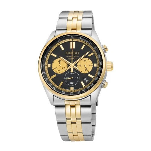 Seiko Chronograph Classic Men's 2 Tone Gold Plated Stainless Steel Watch SSB430P1 Black and Gold