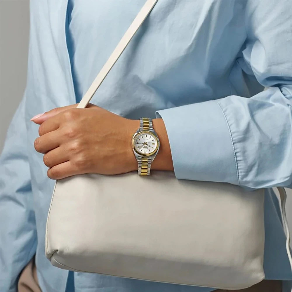 Seiko 5 Sports 100M SNXS Reissue Silver Dial Automatic 2 Tone Gold Plated Stainless Steel Ladies Watch SRE024K1