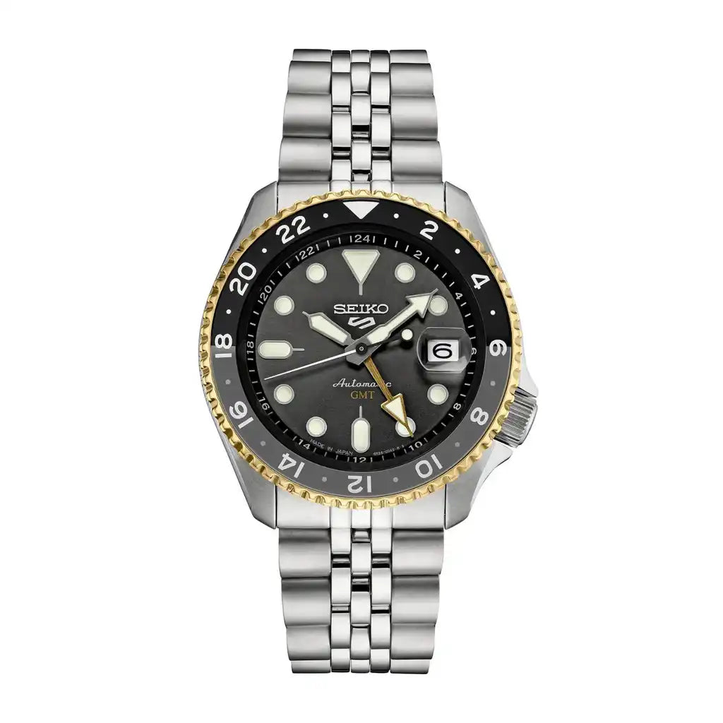 Seiko 5 100M GMT Style U.S. Special Black on Gold Plated Bezel Charcoal Dial Stainless Steel Watch SSK021 J1