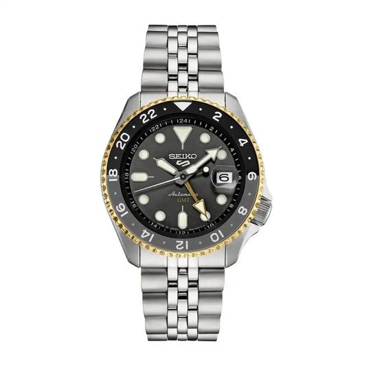 Seiko 5 100M GMT Style U.S. Special Black on Gold Plated Bezel Charcoal Dial Stainless Steel Watch SSK021 J1