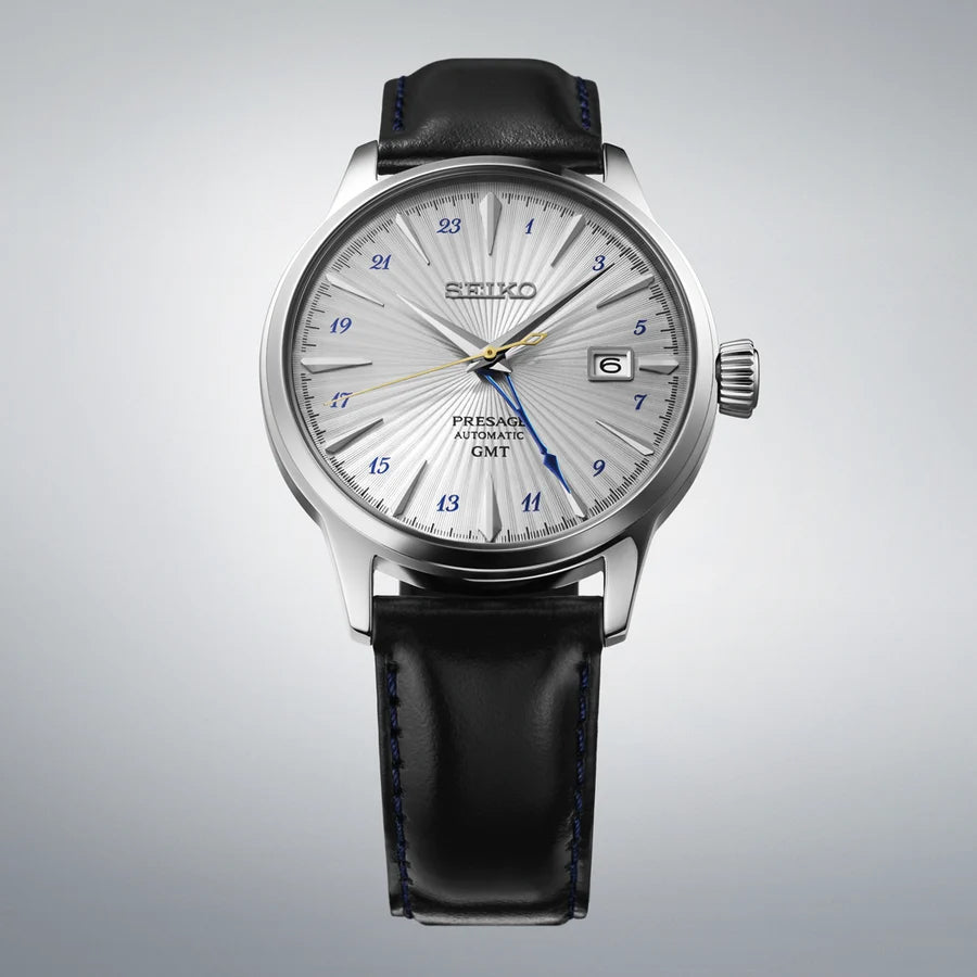 Seiko Japan Made Presage GMT Cocktail Silver Bullet Men's Leather Strap Watch SSK049J1