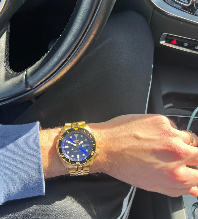 Seiko 5 Sports 100M U.S. Special Black Bezel Blue Dial Gold Plated Stainless Steel Watch SRPK20 J1
