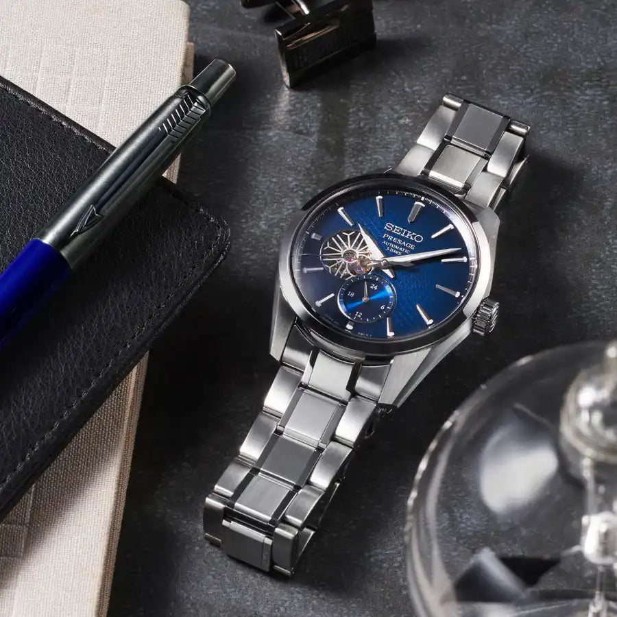 Seiko Japan Made Presage Sharp Edged Series Aitetsu Blue Open Heart Men's Stainless Steel Watch SPB417J1