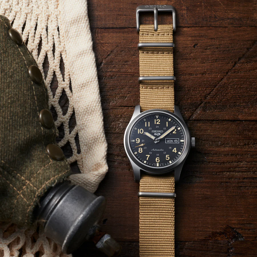 Seiko 5 100M Field Sports Style Black Dial Automatic Nato Strap Watch SRPG35K1