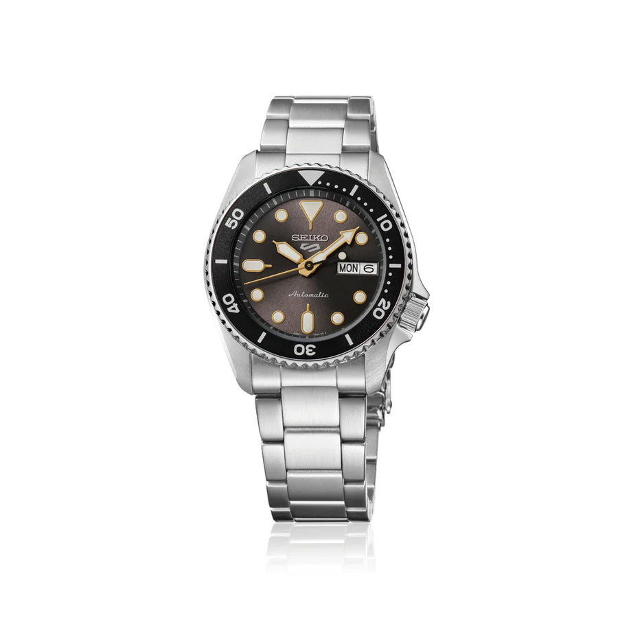 Seiko 5 Sports 100M Automatic Boy Size 38mm Watch Black Bezel Street Stonewash Dial SRPL79K1