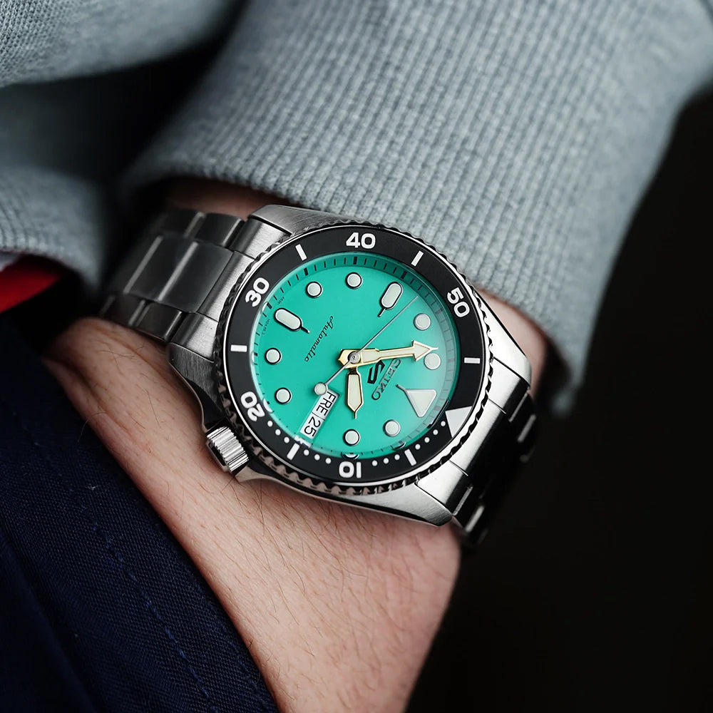Seiko 5 100M SKX Style Boy Size 38mm Teal Blue Turquoise Dial Automatic Watch SRPK33K1