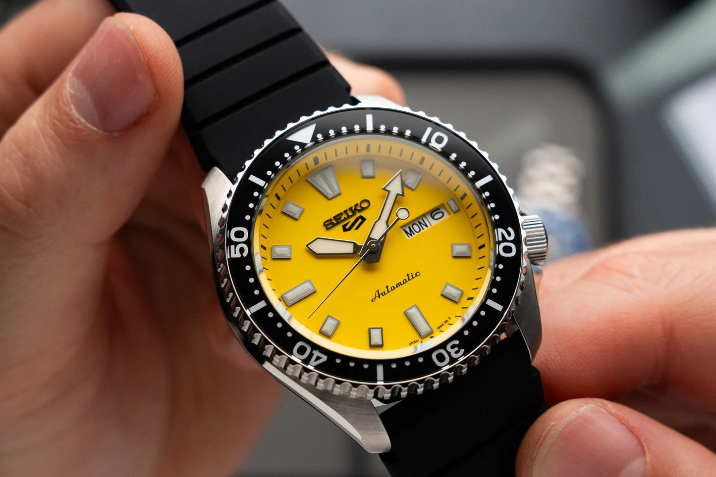 Seiko 5 100M Ki-Iro Yellow Dial Automatic Rubber Strap Watch SRPL87K1