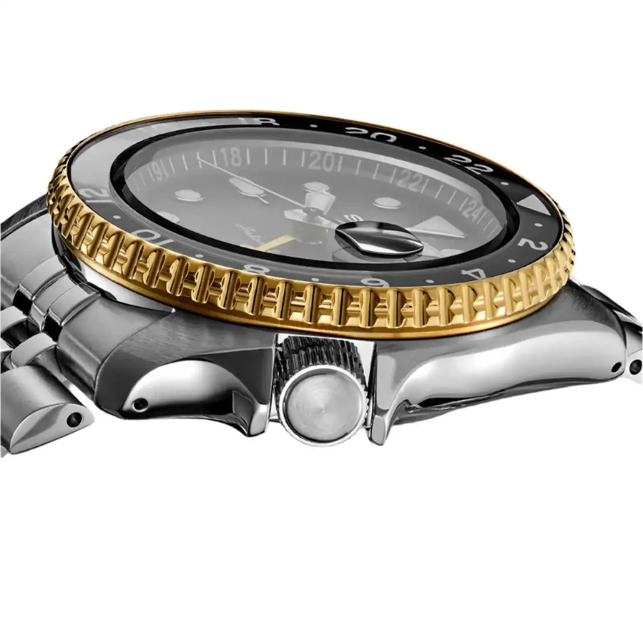 Seiko 5 100M GMT Style U.S. Special Black on Gold Plated Bezel Charcoal Dial Stainless Steel Watch SSK021 J1