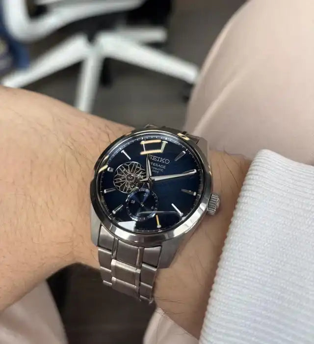 Seiko Japan Made Presage Sharp Edged Series Aitetsu Blue Open Heart Men's Stainless Steel Watch SPB417J1