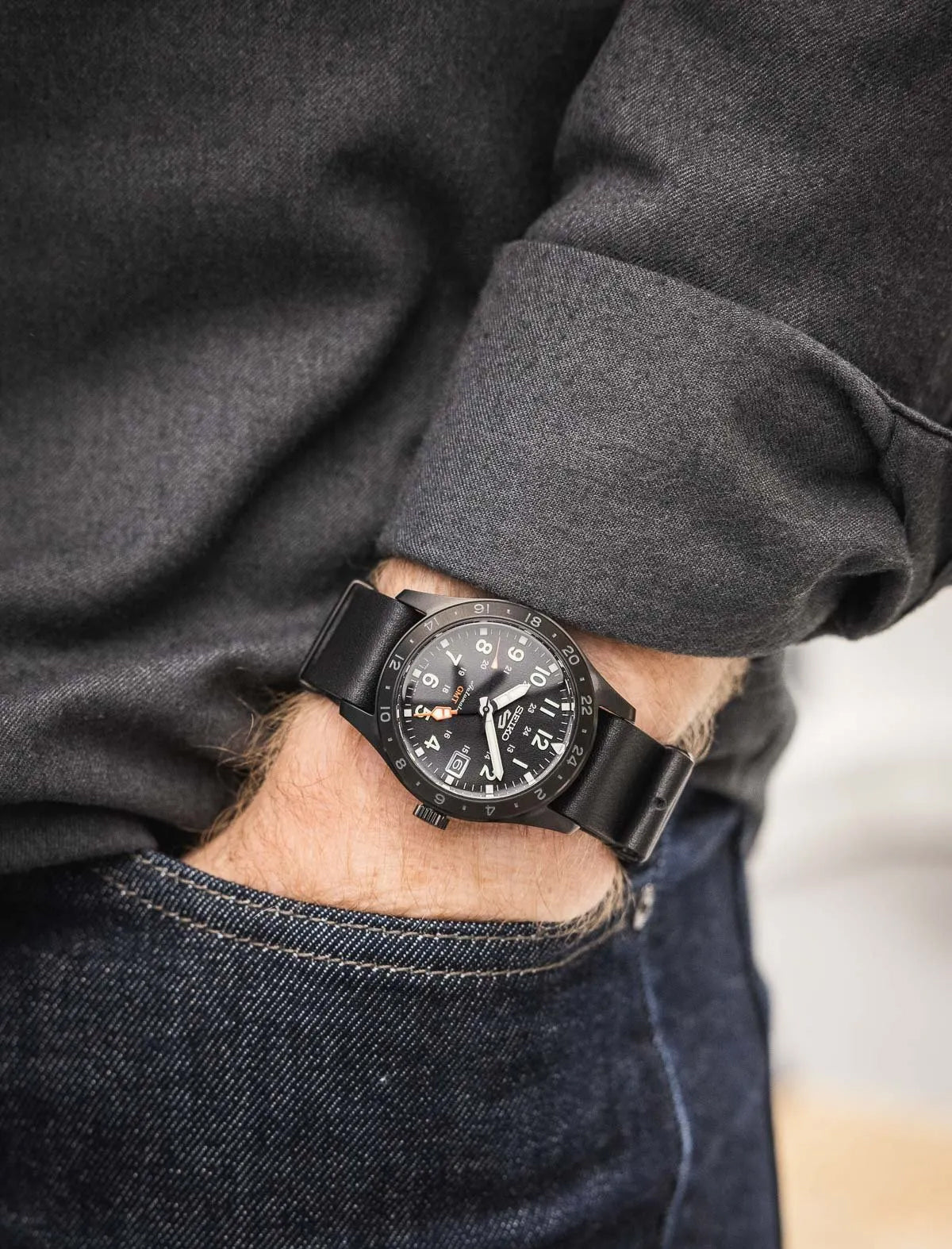 Seiko Sports 100M GMT Style All Black Automatic Leather Strap Watch SSK025K1