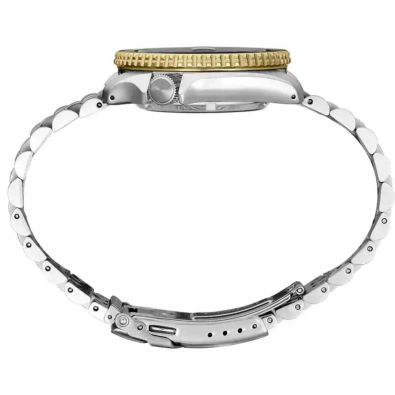 Seiko 5 100M GMT Style U.S. Special Black on Gold Plated Bezel Charcoal Dial Stainless Steel Watch SSK021 J1
