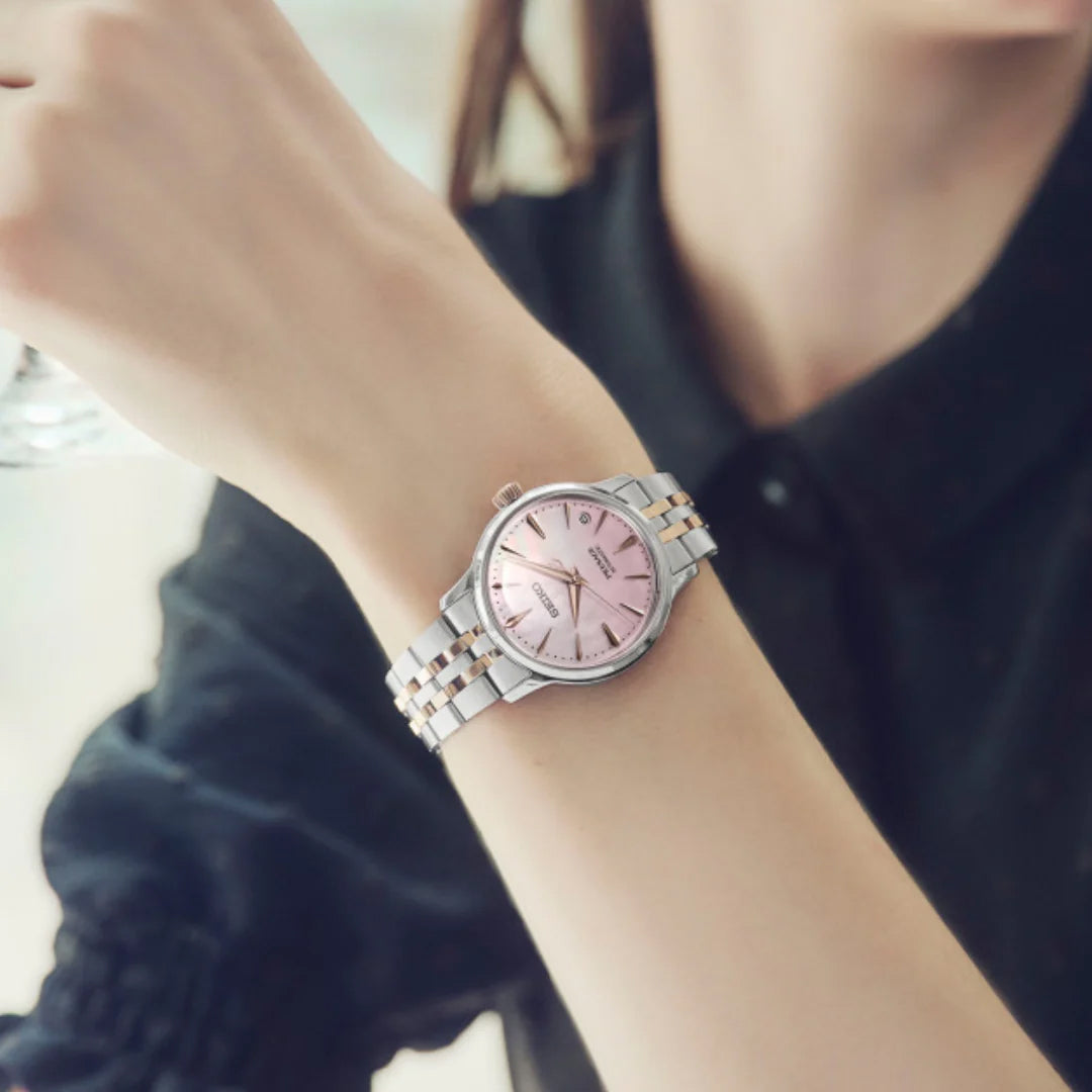 Seiko Japan Made Presage Cocktail Time LE "Sakura Aviation" Ladies' 2-Tone Rose Gold-Plated Stainless Steel  SRPM06J1