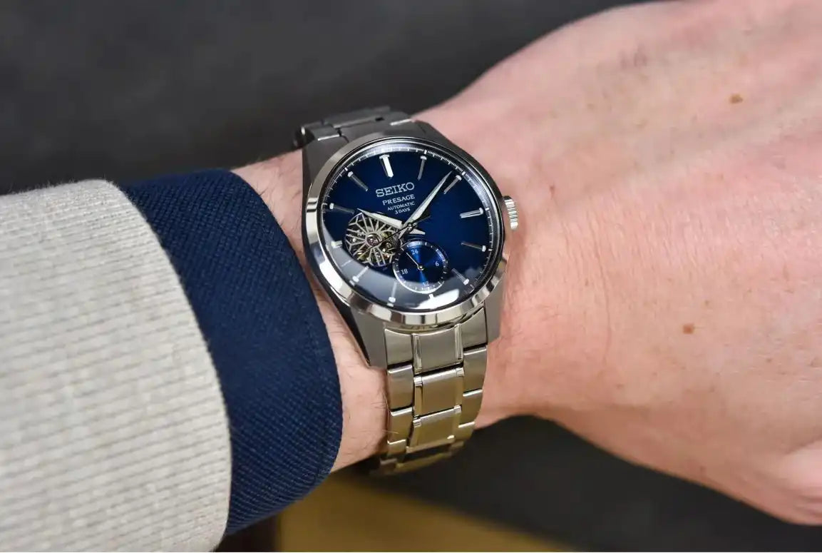 Seiko Japan Made Presage Sharp Edged Series Aitetsu Blue Open Heart Men's Stainless Steel Watch SPB417J1