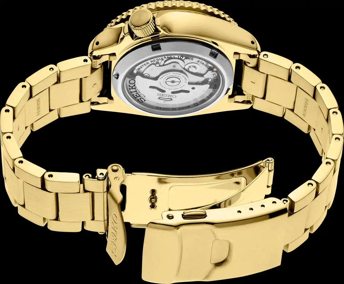 Seiko 5 Sports 100M U.S. Special Gold Plated Bezel Black Dial Watch SRPK18 J1