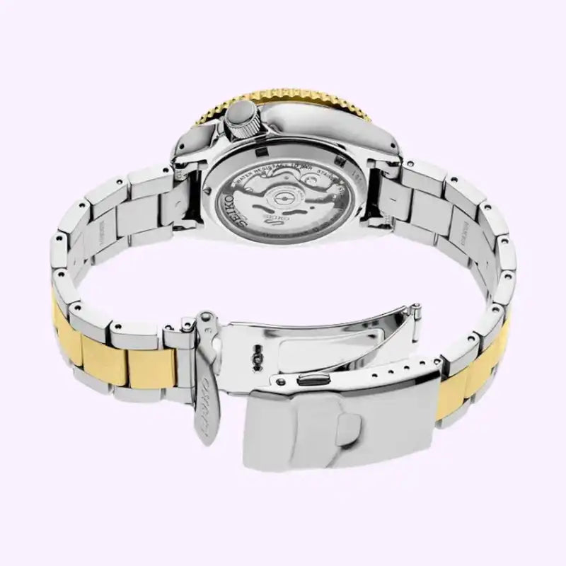 Seiko 5 Sports 100M U.S. Special Black Bezel Charcoal Dial 2-Tone Gold Plated Stainless Steel Watch SRPK22 J1