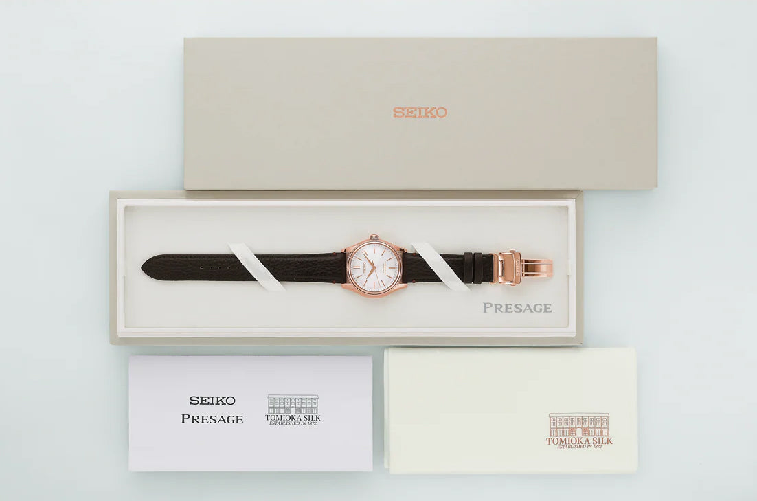 Seiko Presage "Tomioka Silk Promotion Organization" LE Classic Series Rose Gold Plated Mid Size Men's Leather Strap Watch HCC008J1