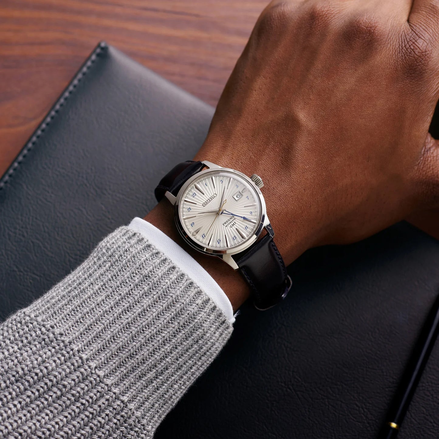 Seiko Japan Made Presage GMT Cocktail Silver Bullet Men's Leather Strap Watch SSK049J1