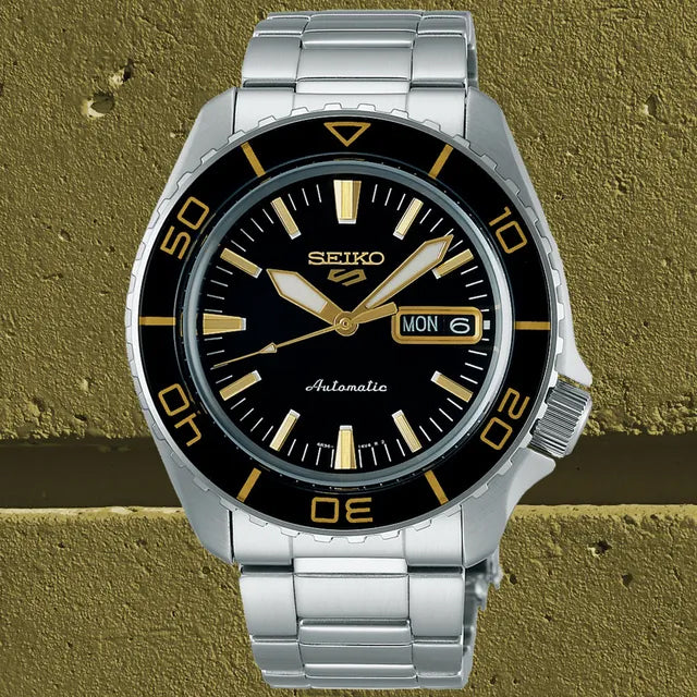 Seiko 5 Sports SNZH5 Reissue Black with Gold Bezel 55 Fathoms Men's Watch SRPK99K1