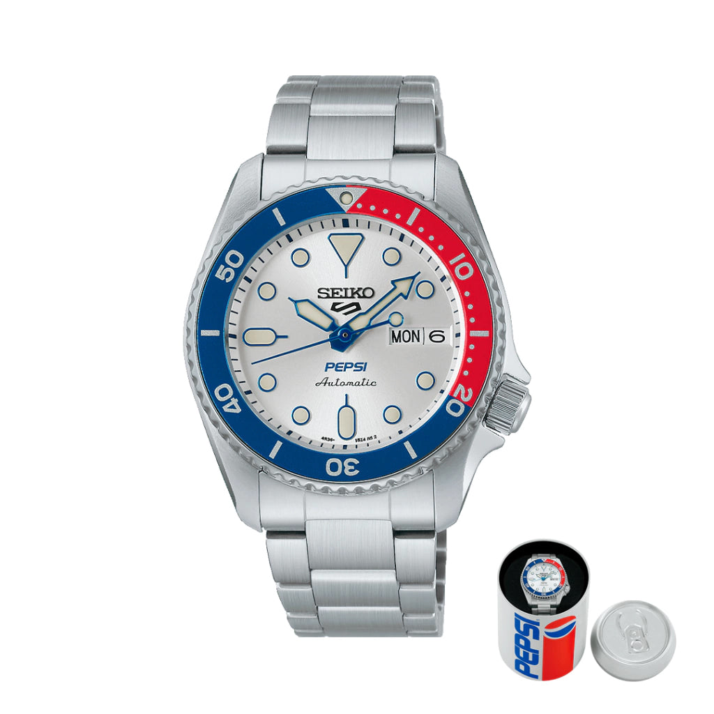 Seiko 5 100M SKX Style Boy Size 38mm Pepsi LE Silver Sunburst Dial Automatic Watch SRPL99K1
