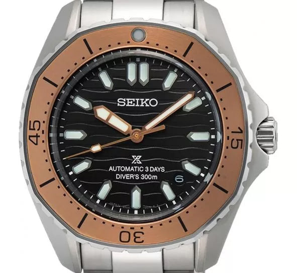 Seiko Prospex 300m Diver's Oddly Octagon Rose Gold Plated Bezel Brown Men's Stainless Steel Watch SPB485J1