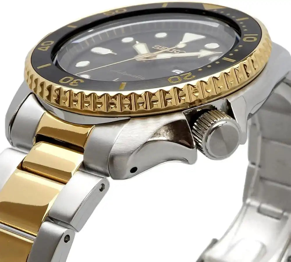 Seiko 5 Sports 100M U.S. Special Black Bezel Charcoal Dial 2-Tone Gold Plated Stainless Steel Watch SRPK22 J1