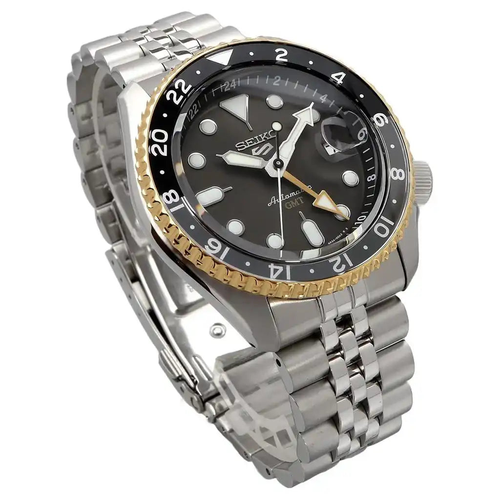 Seiko 5 100M GMT Style U.S. Special Black on Gold Plated Bezel Charcoal Dial Stainless Steel Watch SSK021 J1