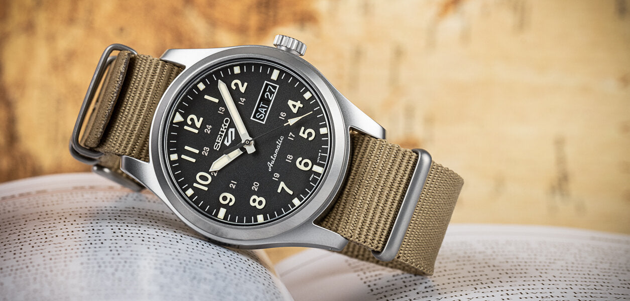 Seiko 5 100M Field Sports Style Black Dial Automatic Nato Strap Watch SRPG35K1