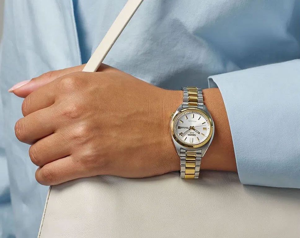 Seiko 5 Sports 100M SNXS Reissue Silver Dial Automatic 2 Tone Gold Plated Stainless Steel Ladies Watch SRE024K1