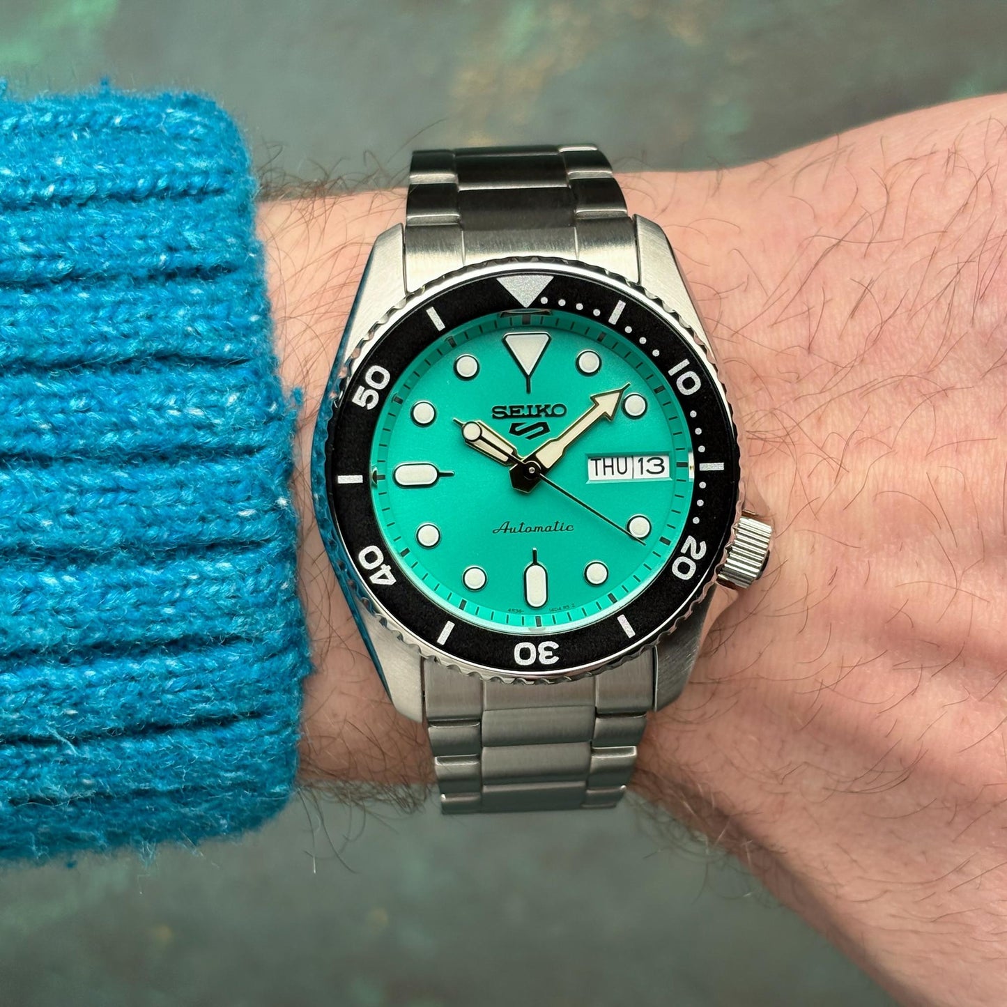 Seiko 5 100M SKX Style Boy Size 38mm Teal Blue Turquoise Dial Automatic Watch SRPK33K1