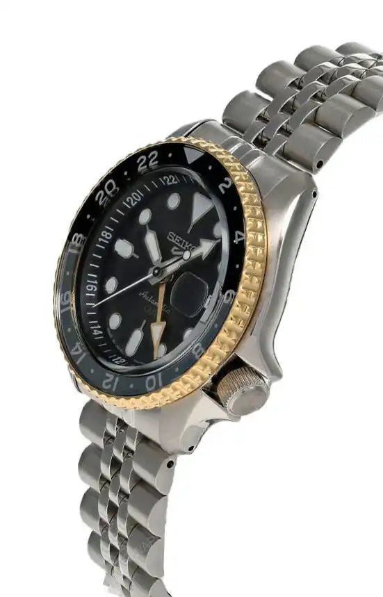 Seiko 5 100M GMT Style U.S. Special Black on Gold Plated Bezel Charcoal Dial Stainless Steel Watch SSK021 J1