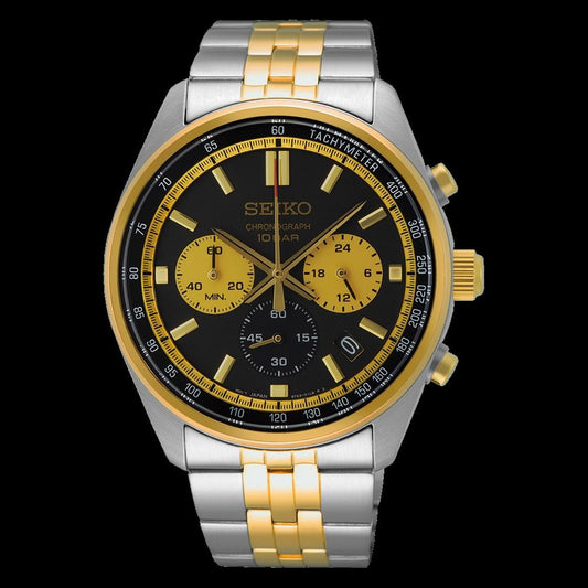 Seiko Chronograph Classic Men's 2 Tone Gold Plated Stainless Steel Watch SSB430P1 Black and Gold