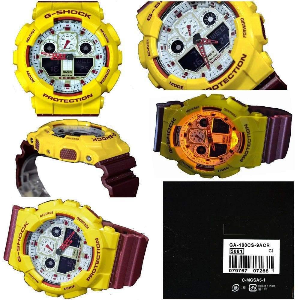 Casio G-Shock Crazy Colors Red Skins Trojans Anadigi Yellow x Maroon x White Dial Watch GA100CS-9ADR - Diligence1International