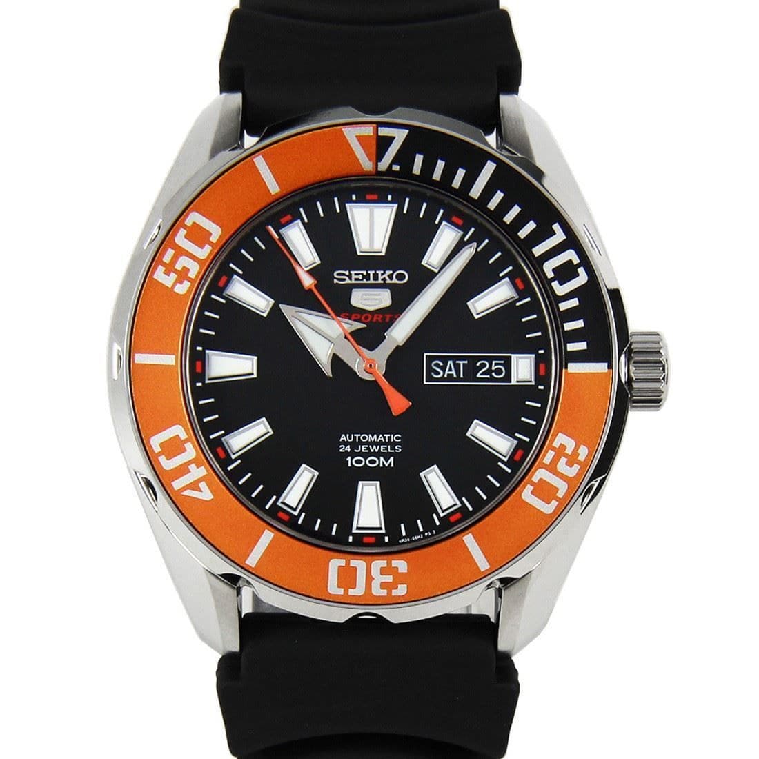 Seiko 5 Sports 100M Black Dial Orange Bezel Men's Rubber Strap Watch SRPC59K1 - Diligence1International