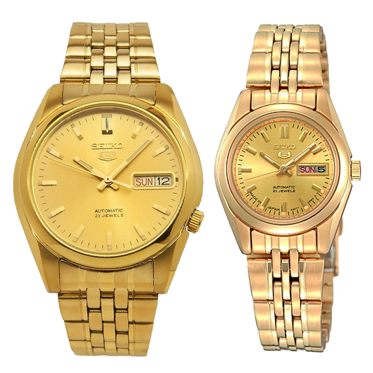 Seiko 5 Classic Gold Dial Couple's Gold Plated Stainless Steel Watch Set SNK366K1+SYMA38K1 - Diligence1International