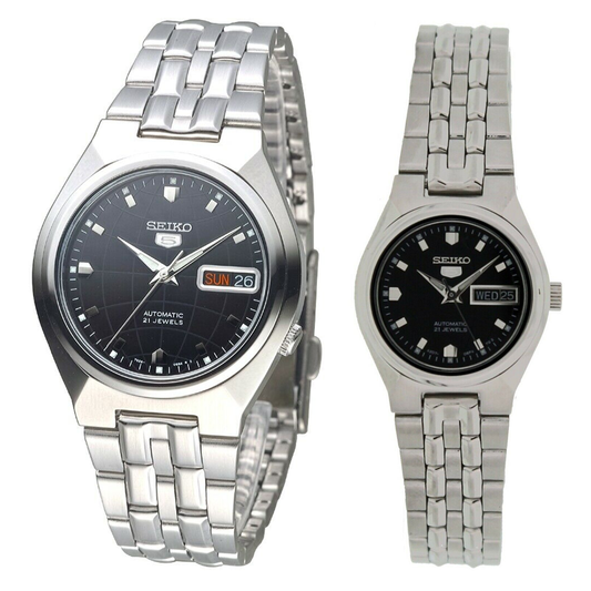 Seiko 5 Classic Black Dial Couple's Stainless Steel Watch Set SNKL71K1+SYMK43K1 - Diligence1International