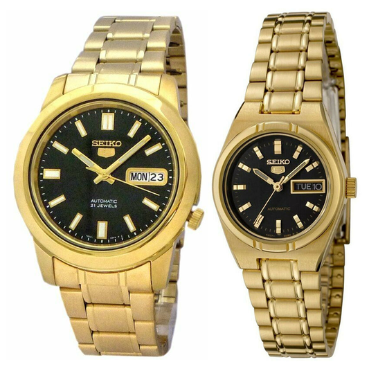 Seiko 5 Classic Black Dial Couple's Gold Plated Stainless Steel Watch Set SNKK22K1+SYM602K1 - Diligence1International